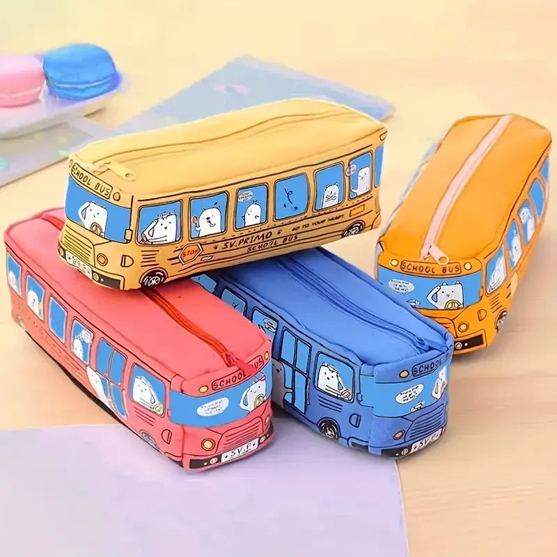 1pc Creative Large Capacity Canvas School Bus Pencil Case Pencil Bag Stationery Pen Bag to Store School Supplies