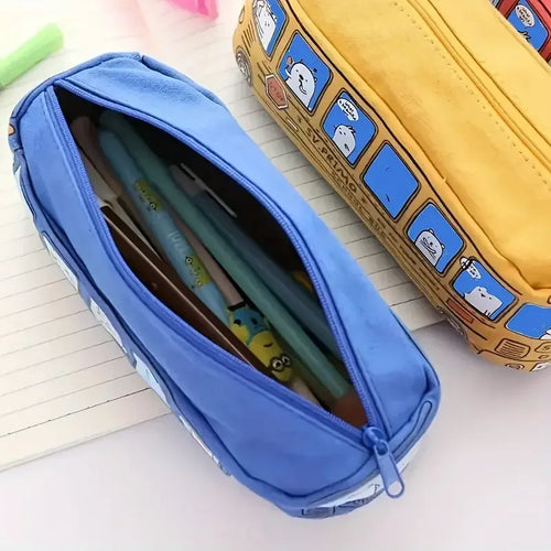 1pc Creative Large Capacity Canvas School Bus Pencil Case Pencil Bag Stationery Pen Bag to Store School Supplies