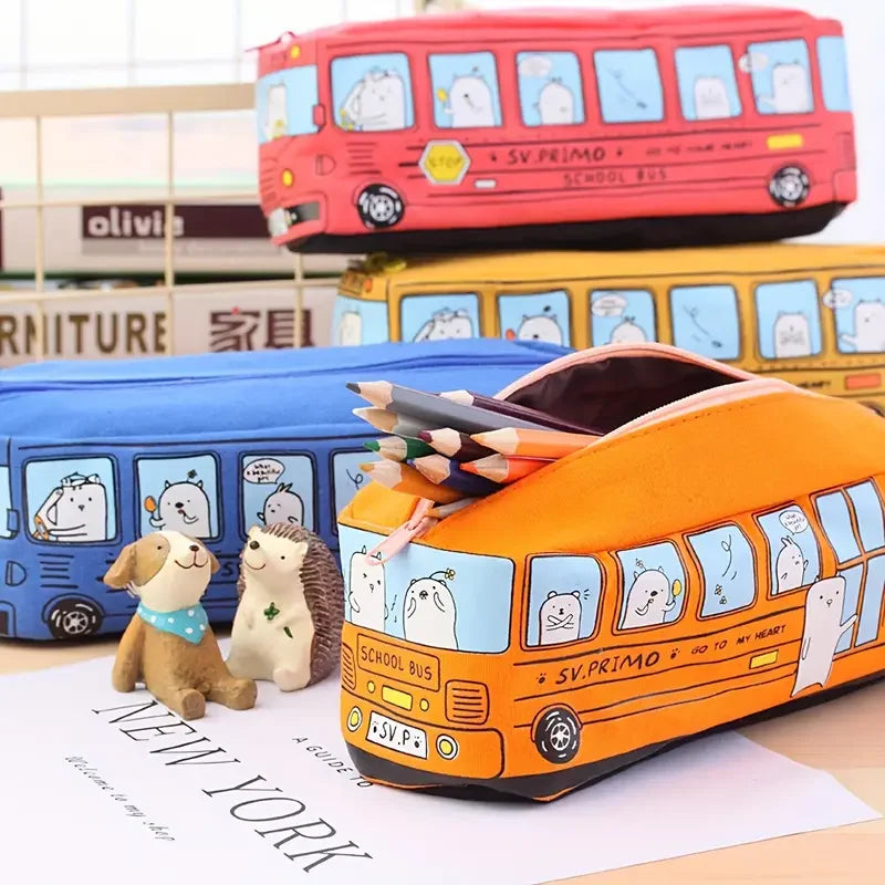 1pc Creative Large Capacity Canvas School Bus Pencil Case Pencil Bag Stationery Pen Bag to Store School Supplies
