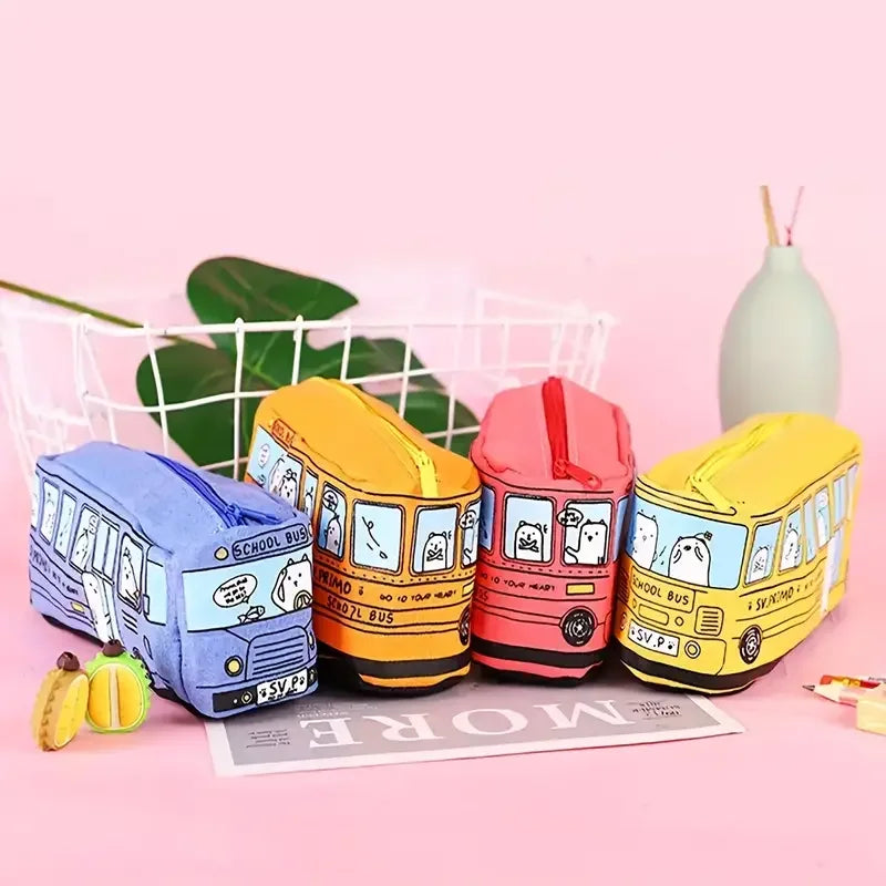 1pc Creative Large Capacity Canvas School Bus Pencil Case Pencil Bag Stationery Pen Bag to Store School Supplies