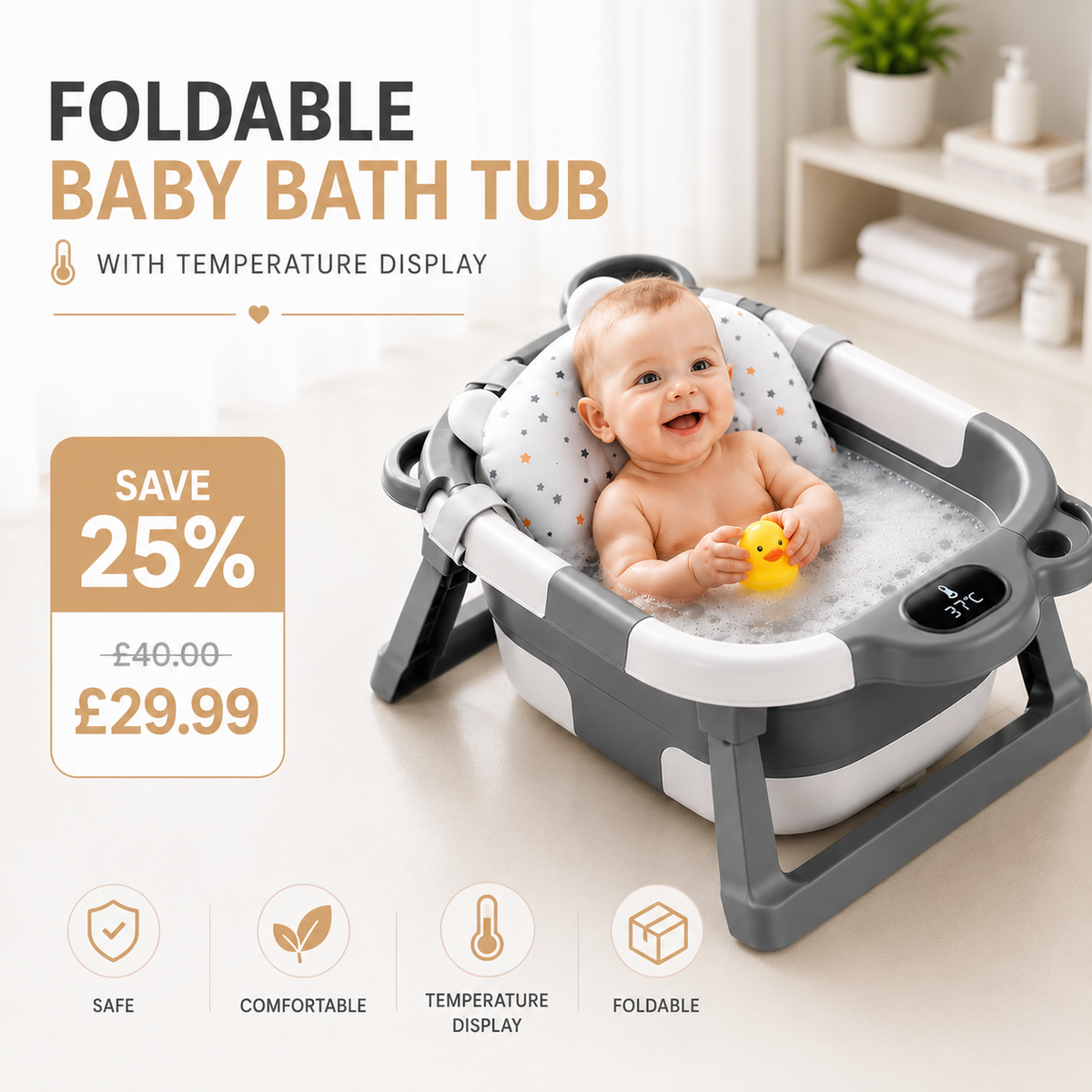 Foldable Baby Bath Tub with Temperature Display – Newborn to Toddler