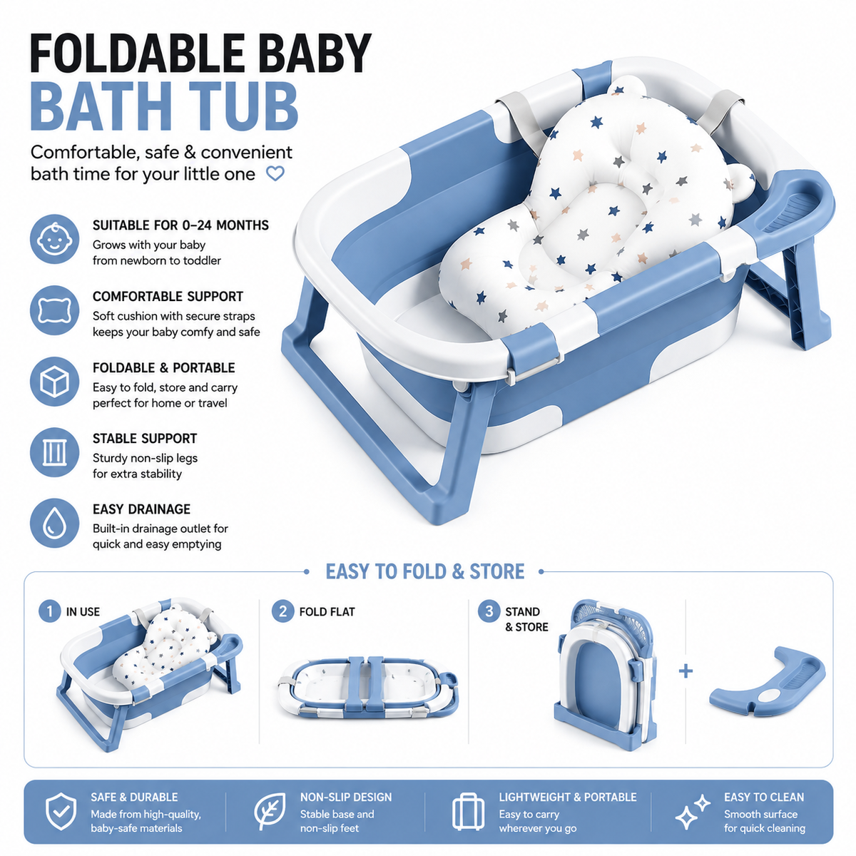 Foldable Baby Bath Tub with Temperature Display – Newborn to Toddler