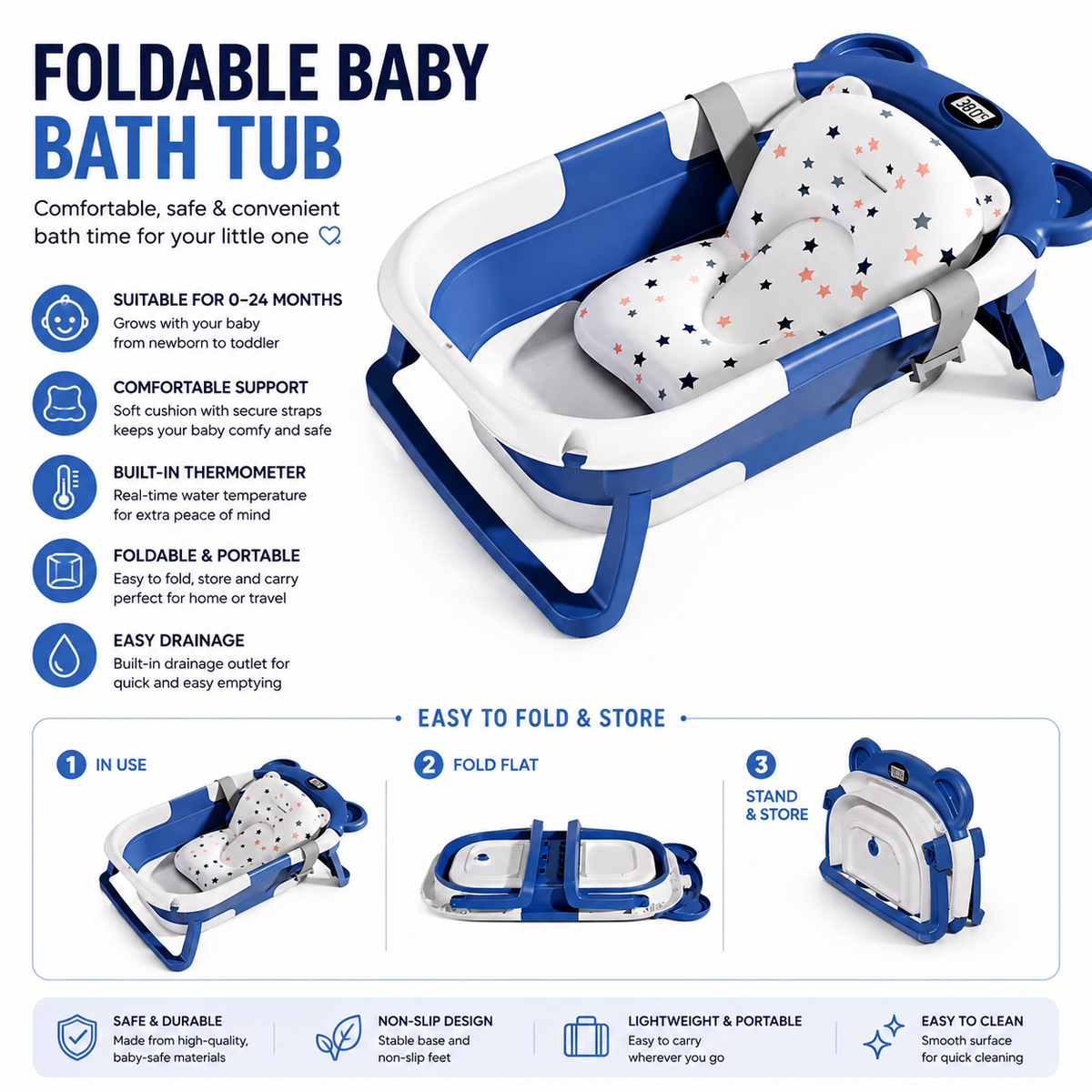 Foldable Baby Bath Tub with Temperature Display – Newborn to Toddler