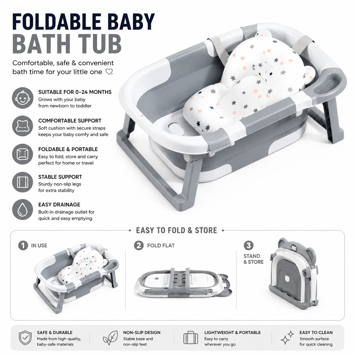 Foldable Baby Bath Tub with Temperature Display – Newborn to Toddler