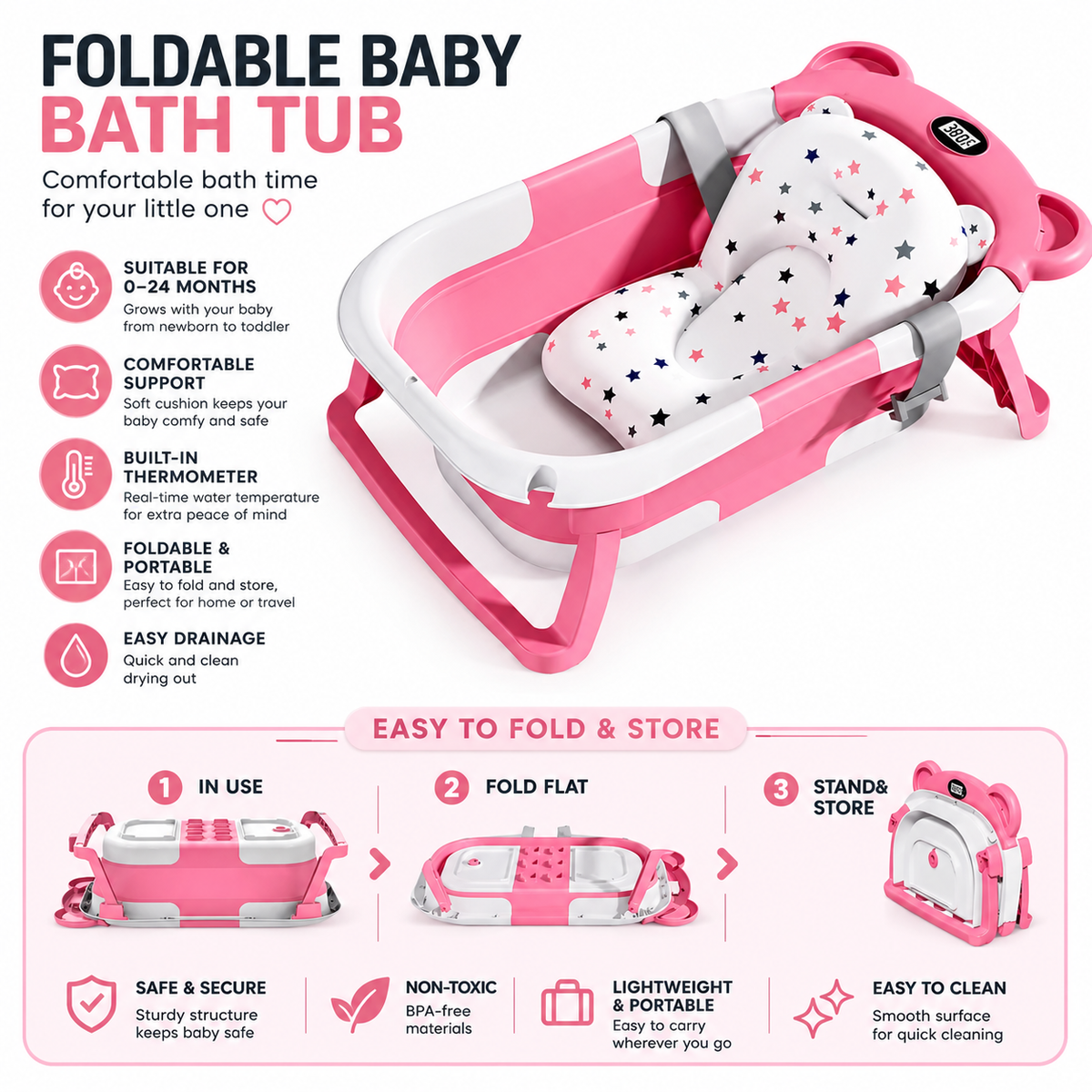 Foldable Baby Bath Tub with Temperature Display – Newborn to Toddler