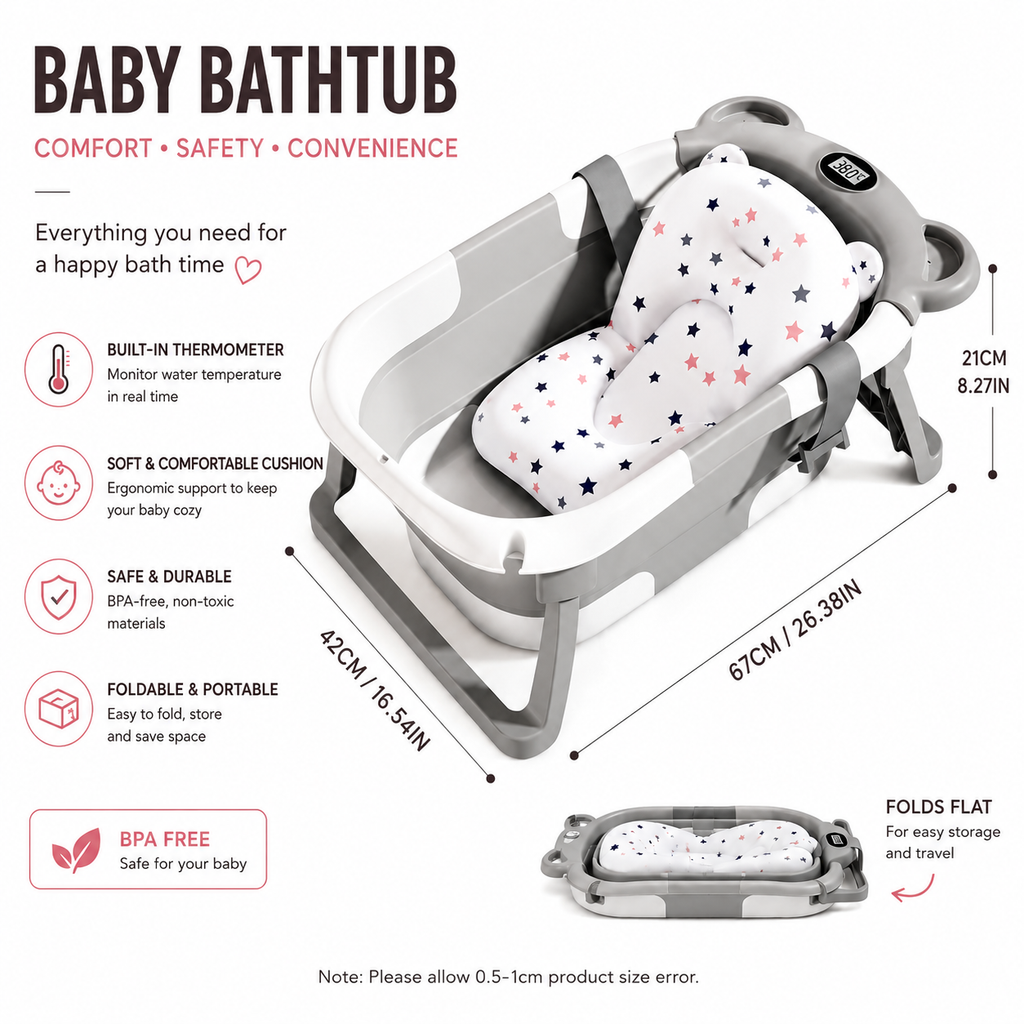 Foldable Baby Bath Tub with Temperature Display – Newborn to Toddler