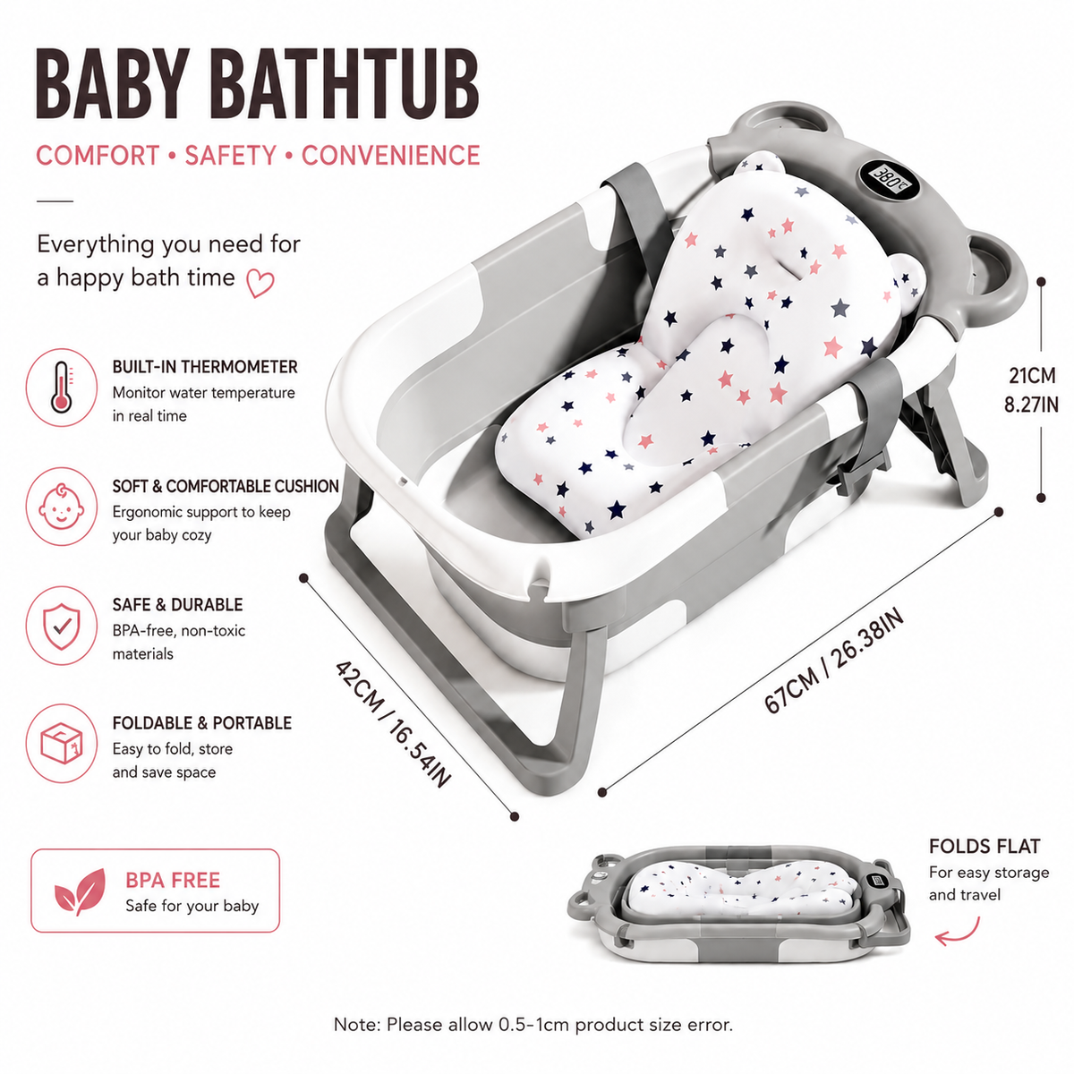 Foldable Baby Bath Tub with Temperature Display – Newborn to Toddler