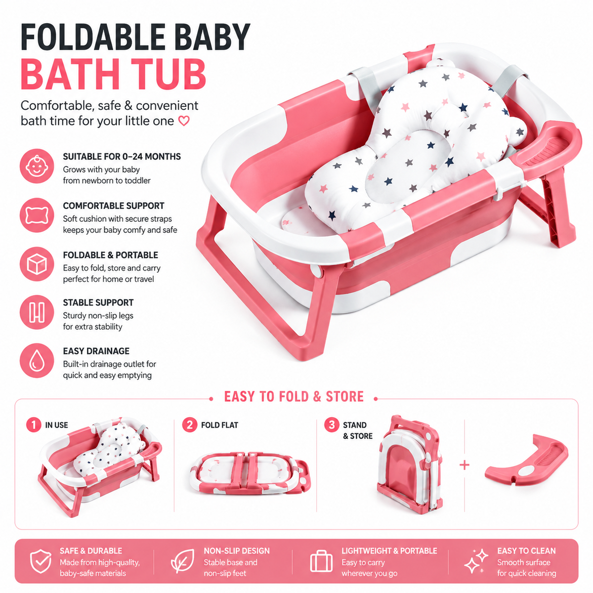 Foldable Baby Bath Tub with Temperature Display – Newborn to Toddler